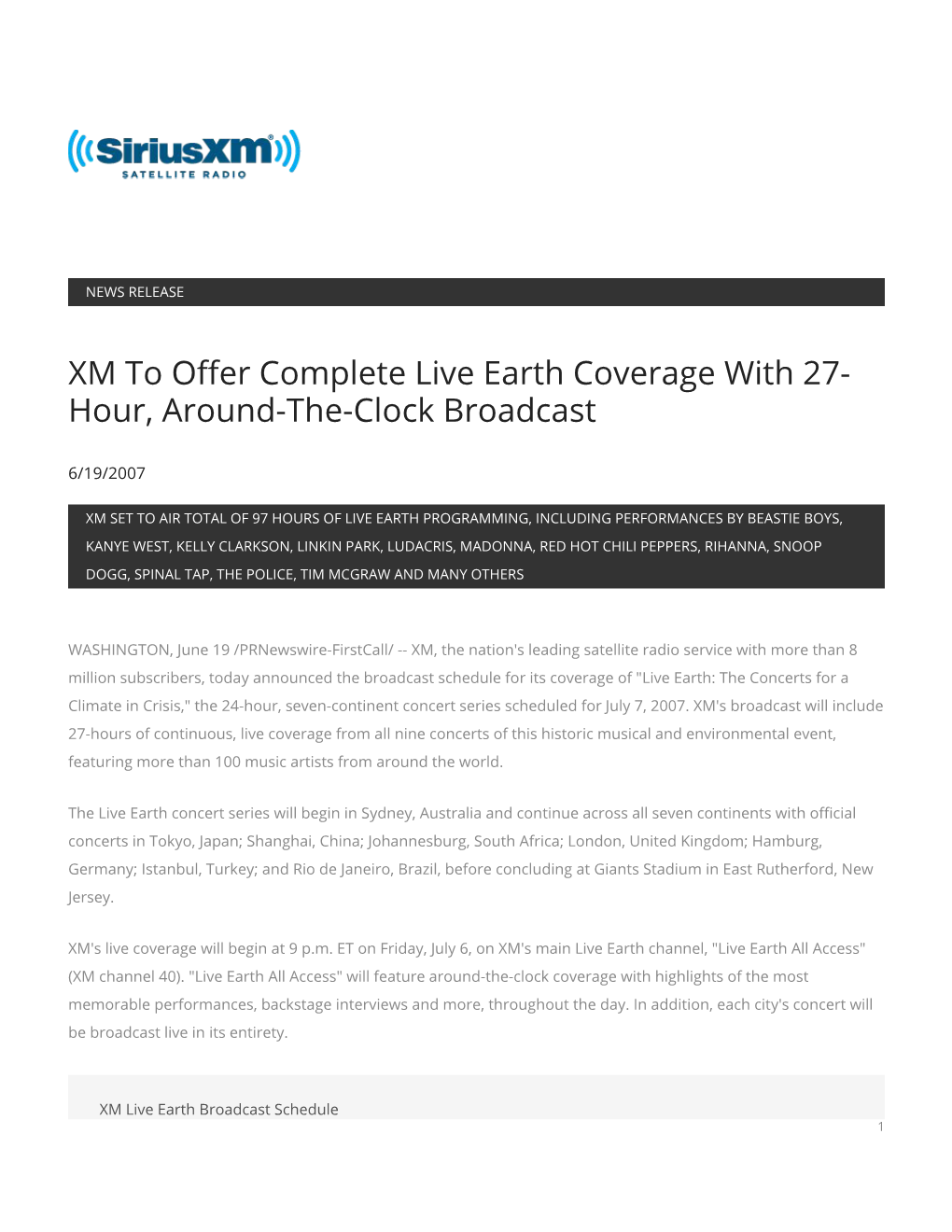 XM to Offer Complete Live Earth Coverage with 27- Hour, Around-The-Clock Broadcast