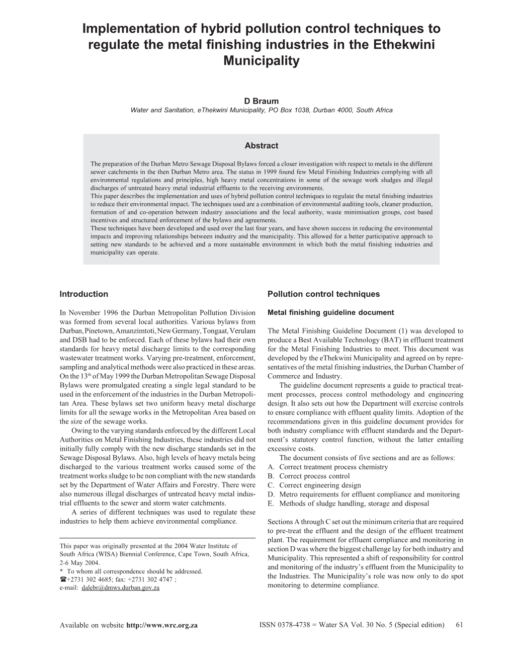 Implementation of Hybrid Pollution Control Techniques to Regulate the Metal Finishing Industries in the Ethekwini Municipality