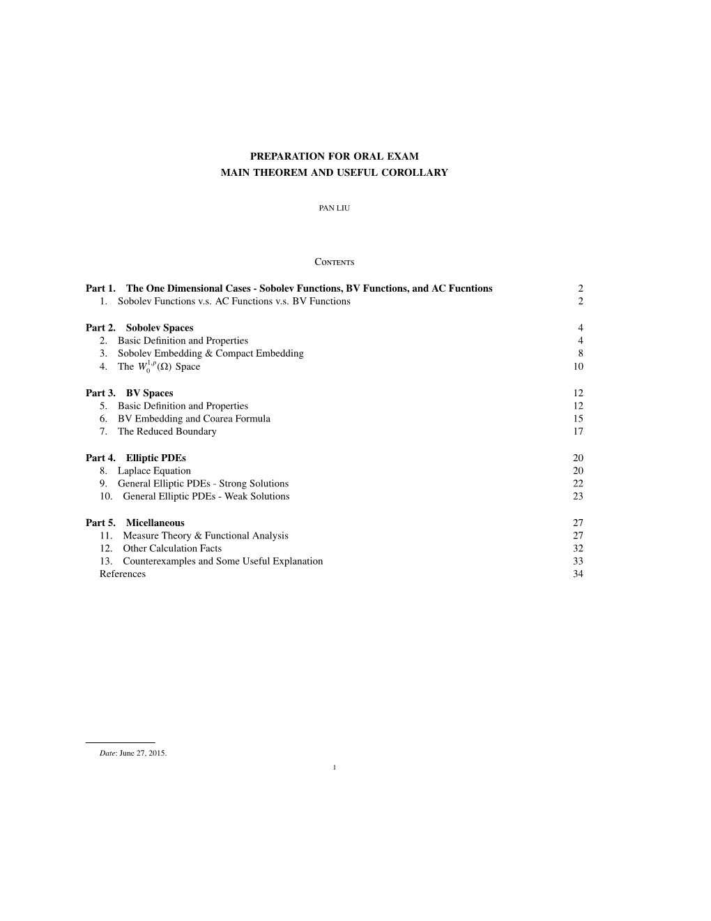 Preparation for Oral Exam Main Theorem and Useful Corollary