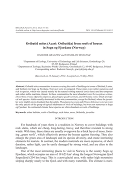 Oribatid Mites (Acari: Oribatida) from Roofs of Houses in Sogn Og Fjordane (Norway)