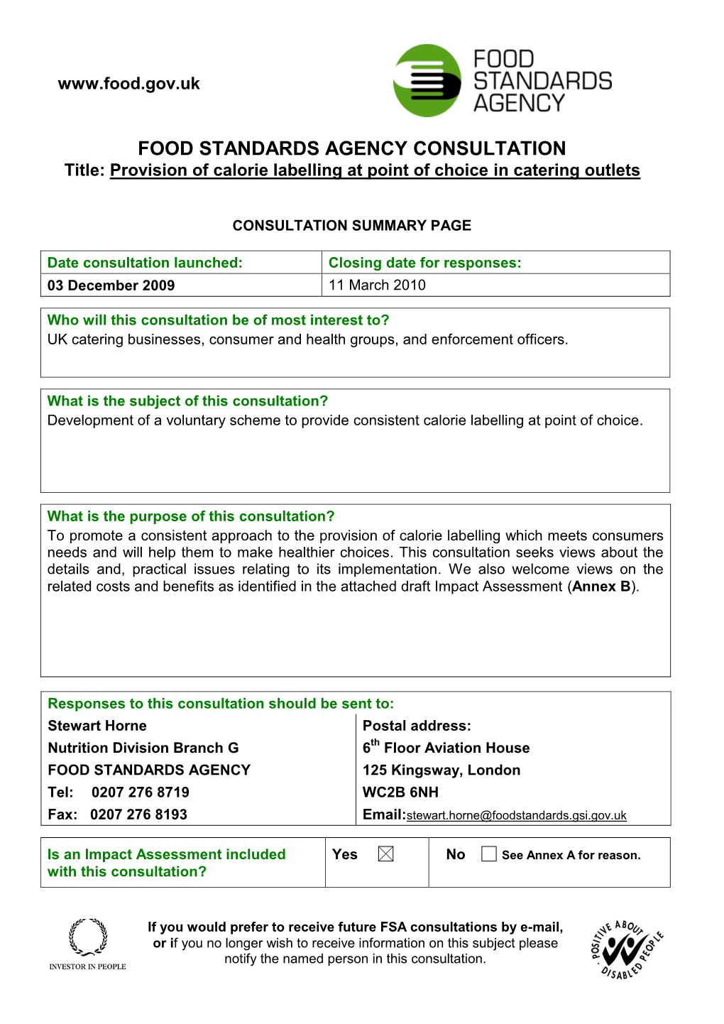 Annex E: Calorie Labelling Criteria (Summer 2009 Trial)