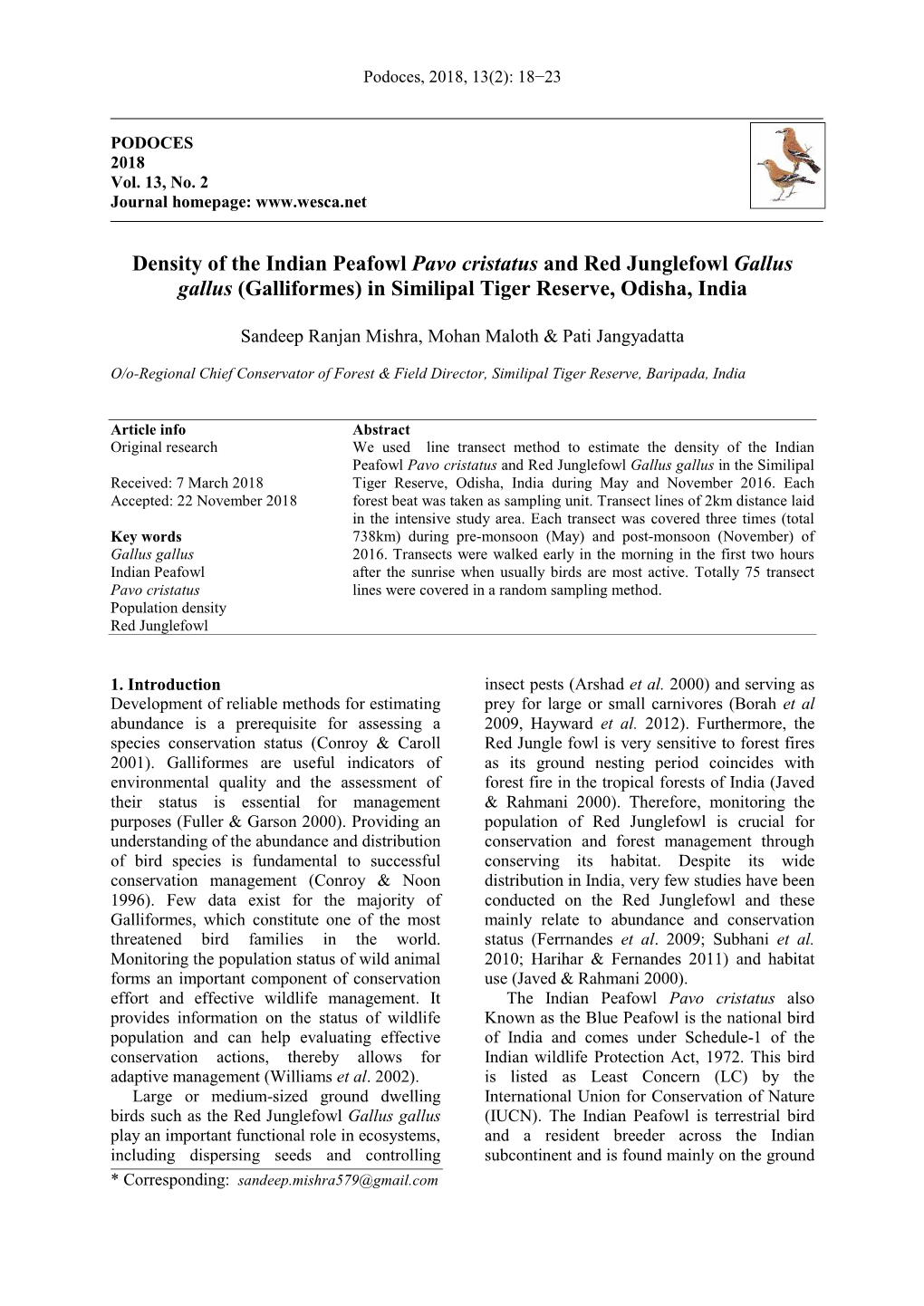 Density of the Indian Peafowl Pavo Cristatus and Red Junglefowl Gallus Gallus (Galliformes) in Similipal Tiger Reserve, Odisha, India