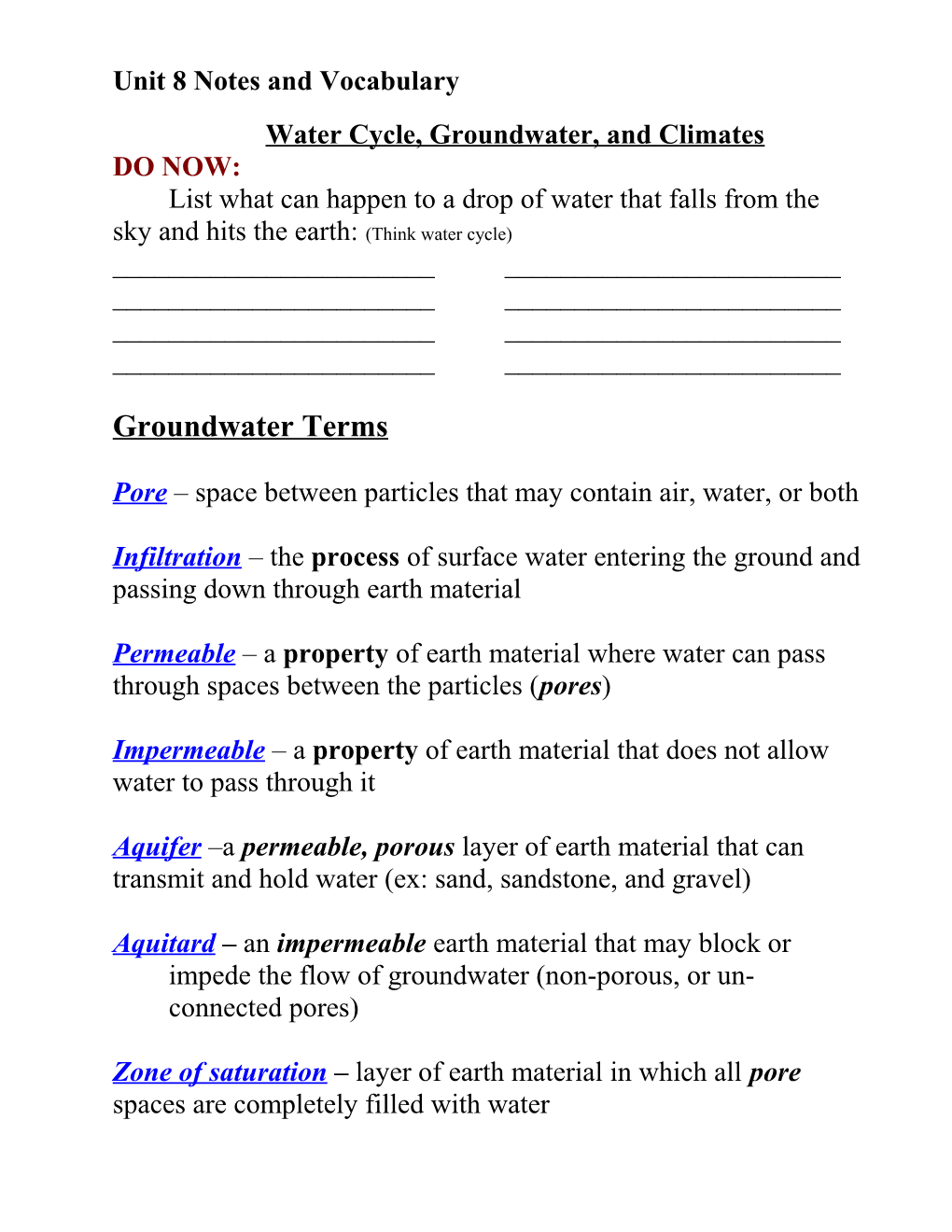 Unit 8 Notes and Vocabulary