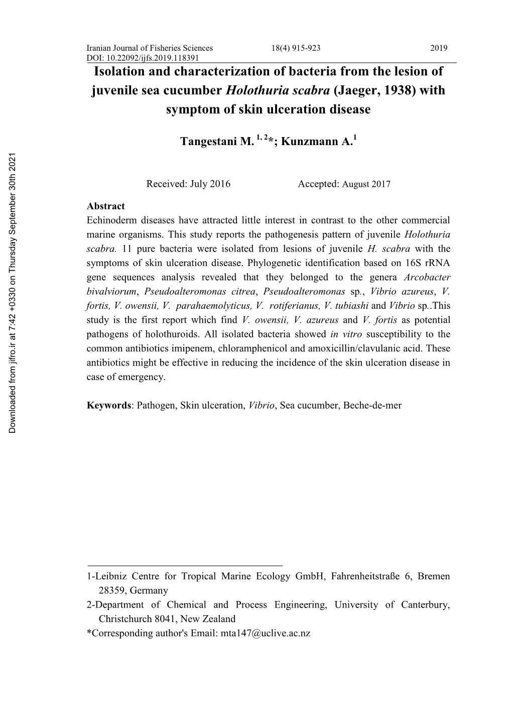 Isolation and Characterization of Bacteria from the Lesion of Juvenile Sea Cucumber Holothuria Scabra (Jaeger, 1938) with Symptom of Skin Ulceration Disease