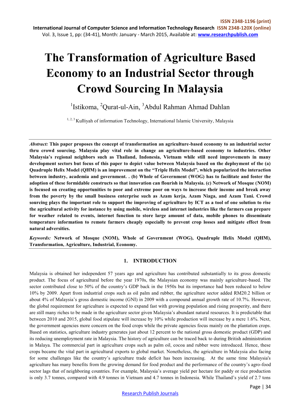 The Transformation of Agriculture Based Economy to an Industrial Sector Through Crowd Sourcing in Malaysia
