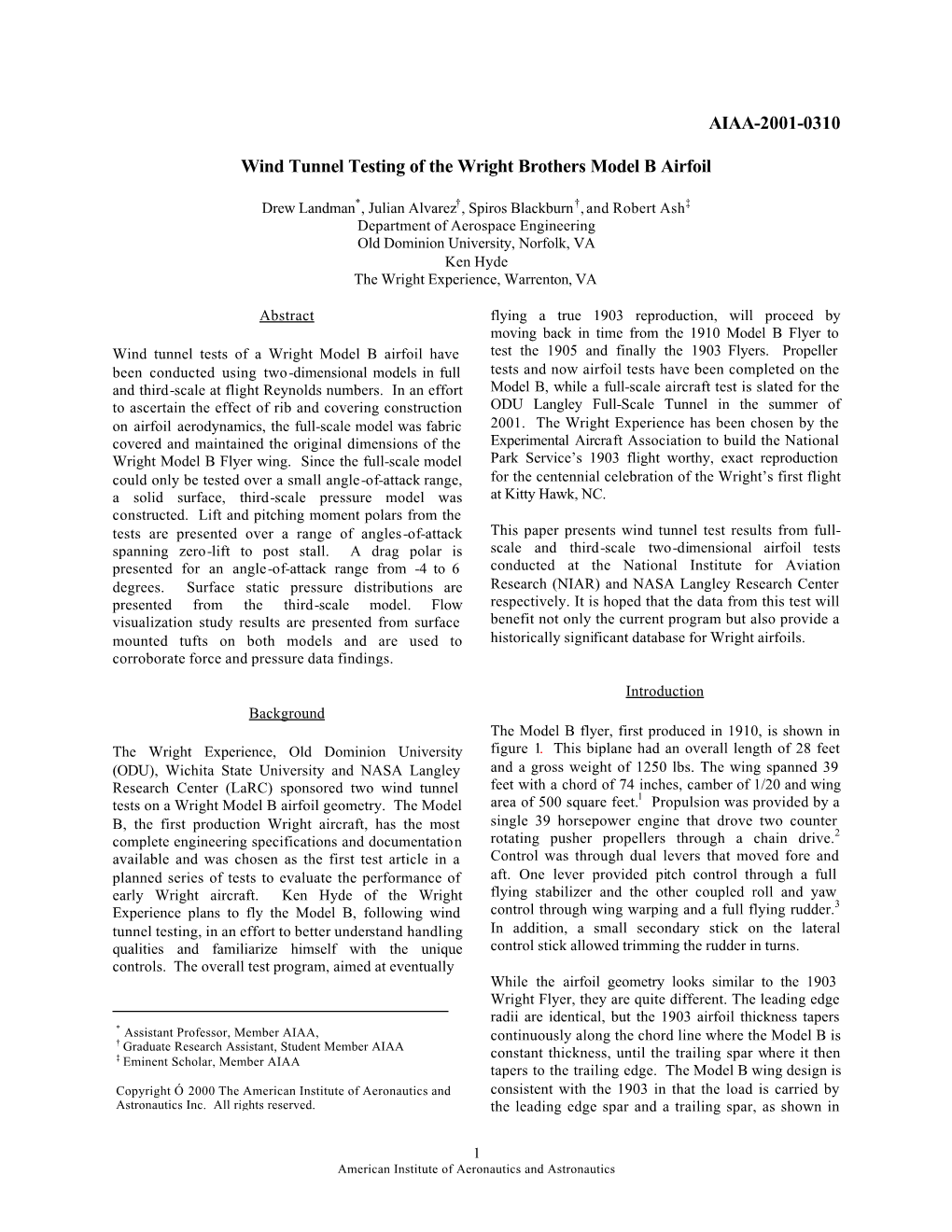 AIAA-2001-0310 Wind Tunnel Testing of the Wright Brothers Model B Airfoil