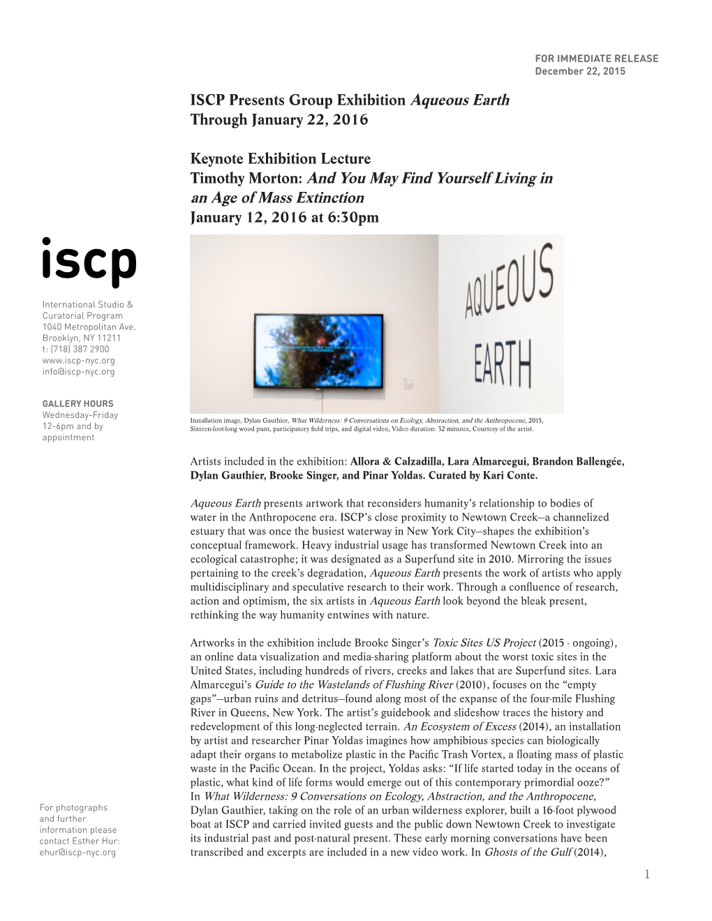 ISCP Presents Group Exhibition Aqueous Earth Through January 22, 2016