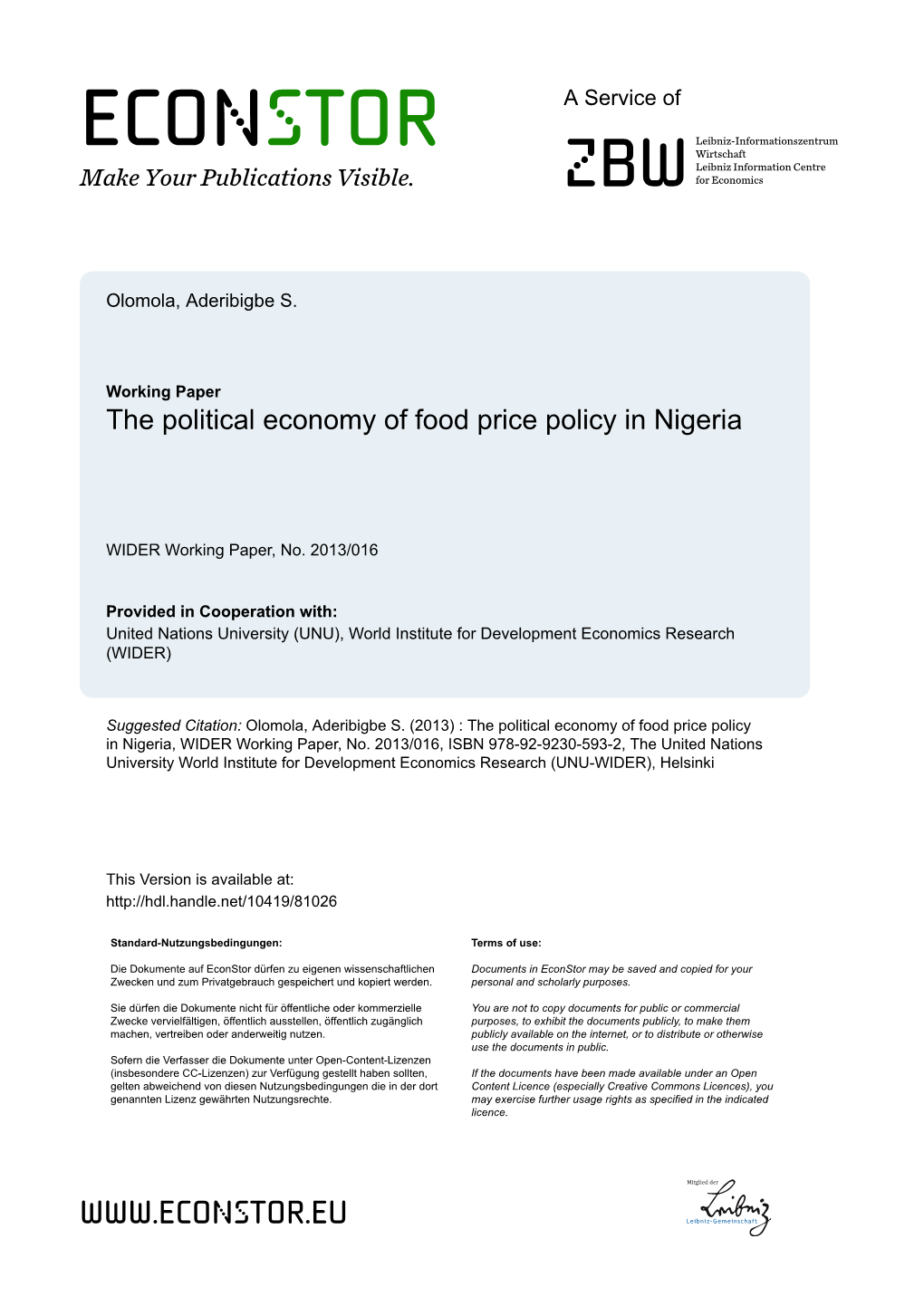 The Political Economy of Food Price Policy in Nigeria