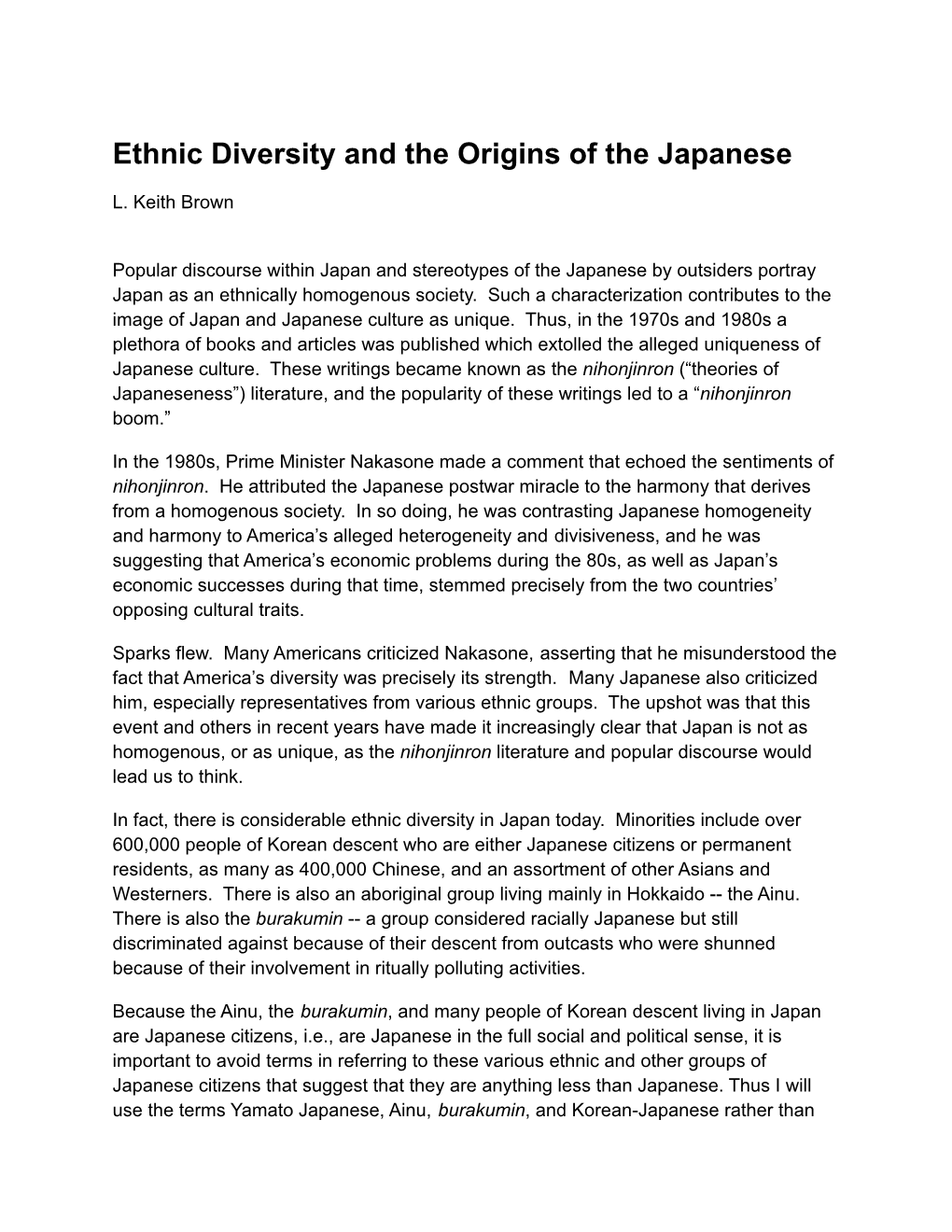 Ethnic Diversity and the Origins of the Japanese