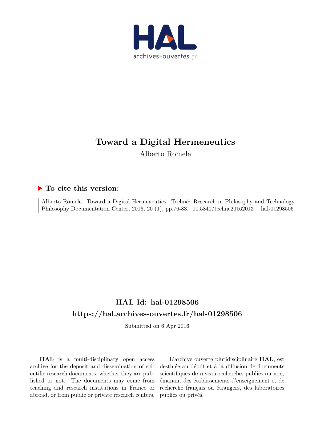 Toward a Digital Hermeneutics Alberto Romele