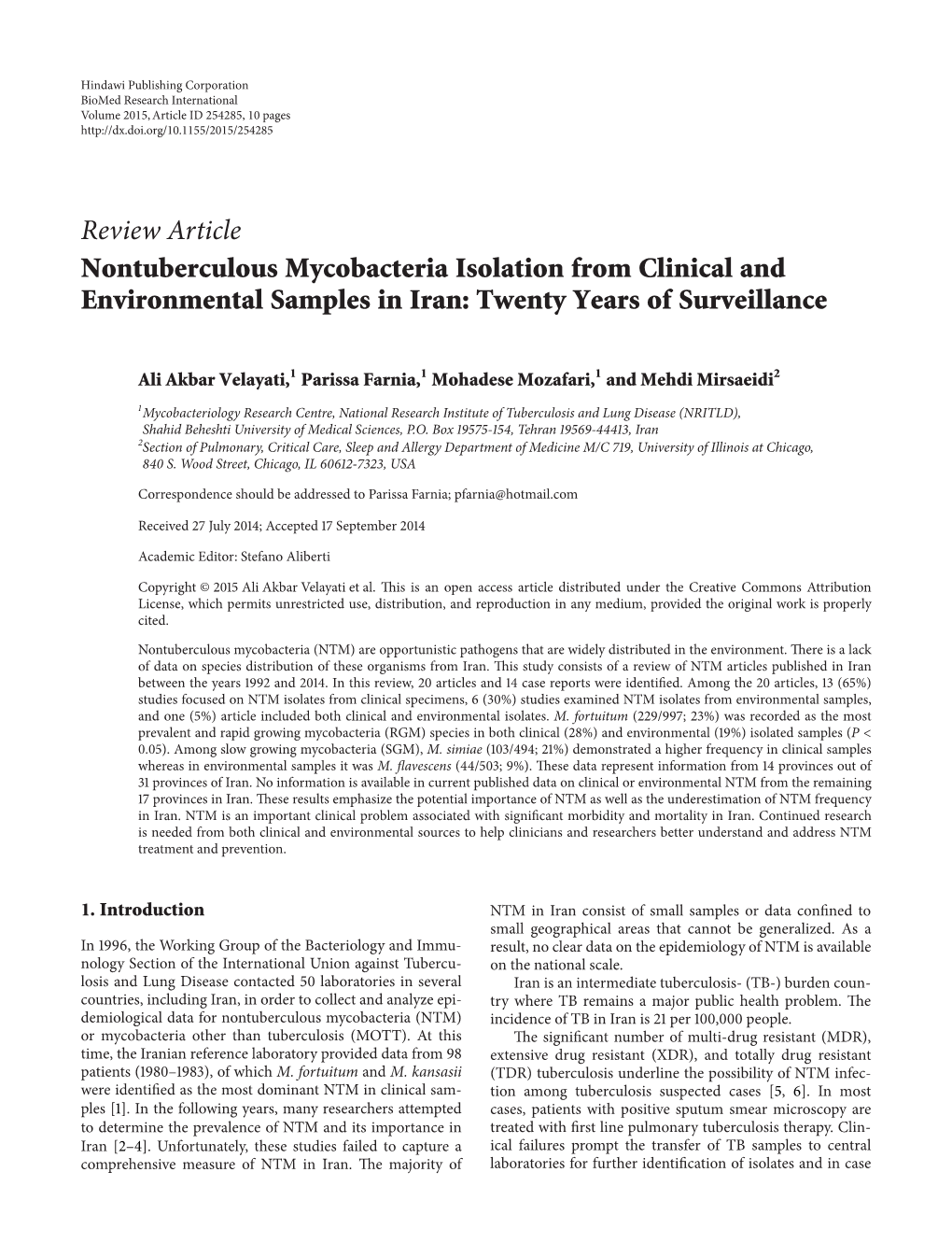 Review Article Nontuberculous Mycobacteria Isolation from Clinical and Environmental Samples in Iran: Twenty Years of Surveillance