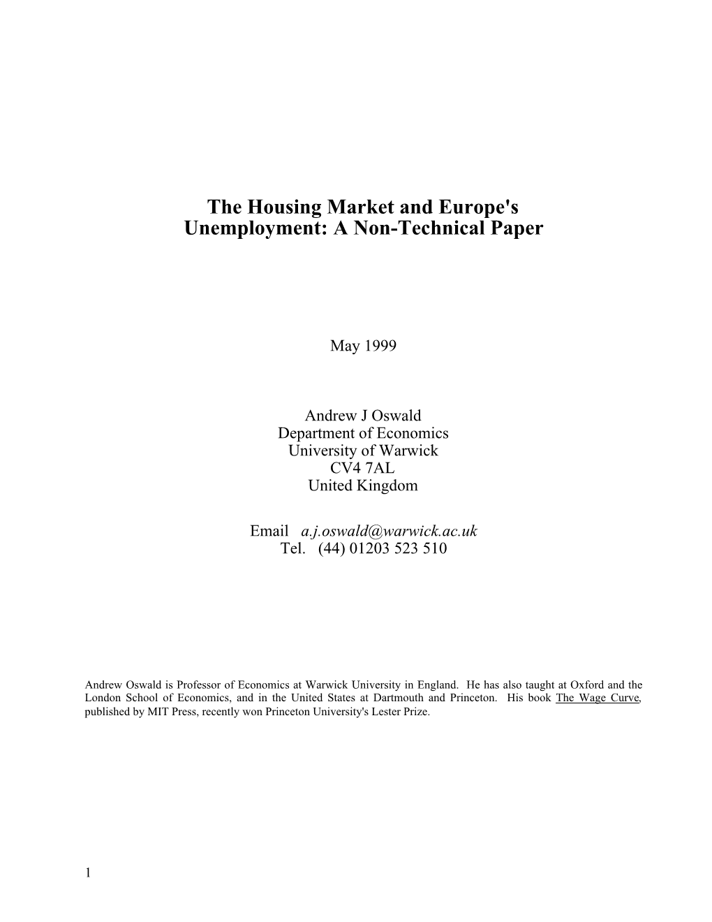 The Housing Market and Europe's Unemployment: a Non-Technical Paper