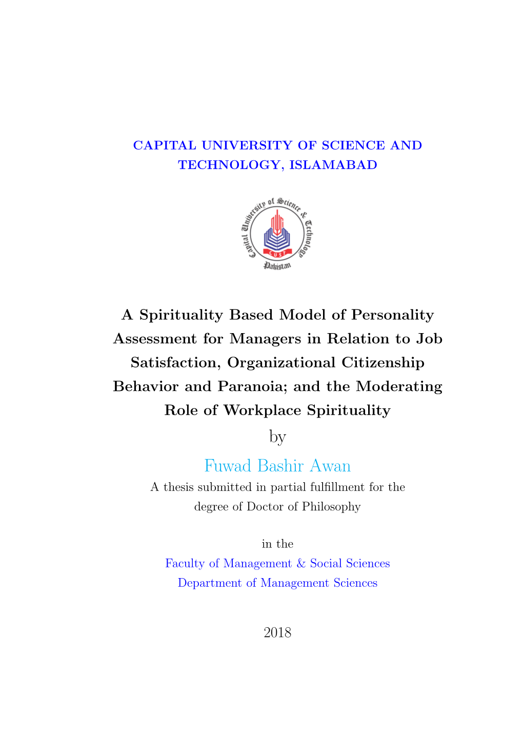 By Fuwad Bashir Awan a Thesis Submitted in Partial Fulﬁllment for the Degree of Doctor of Philosophy