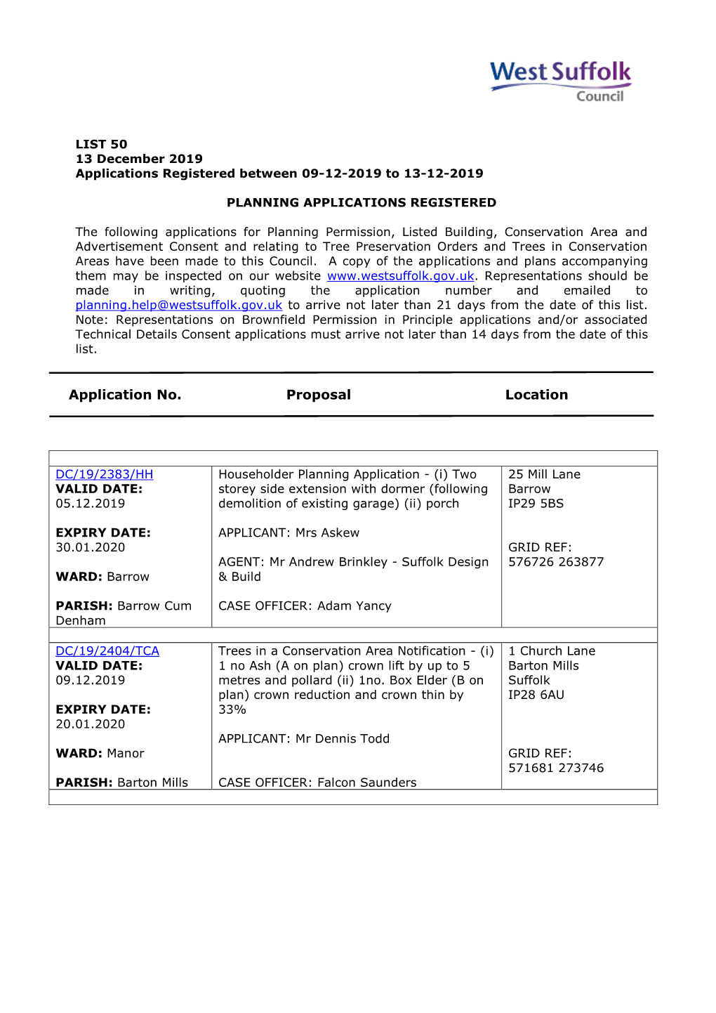 WSC Planning Applications 50/19