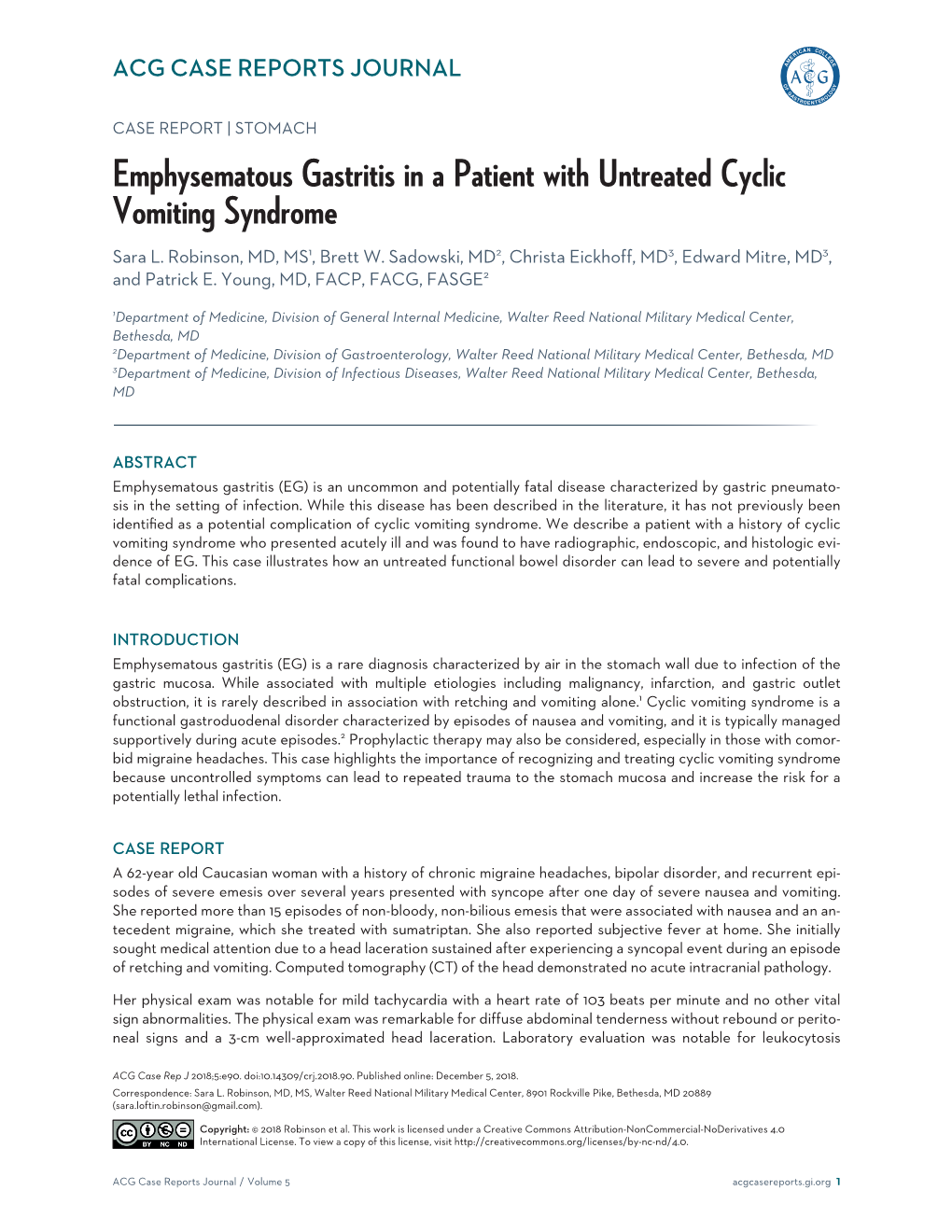 Emphysematous Gastritis in a Patient with Untreated Cyclic Vomiting Syndrome Sara L