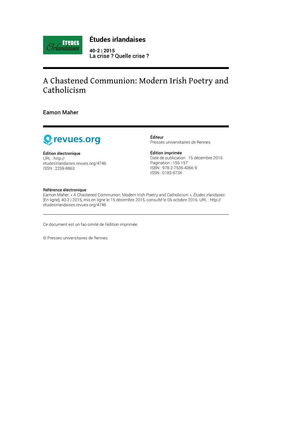 A Chastened Communion: Modern Irish Poetry and Catholicism