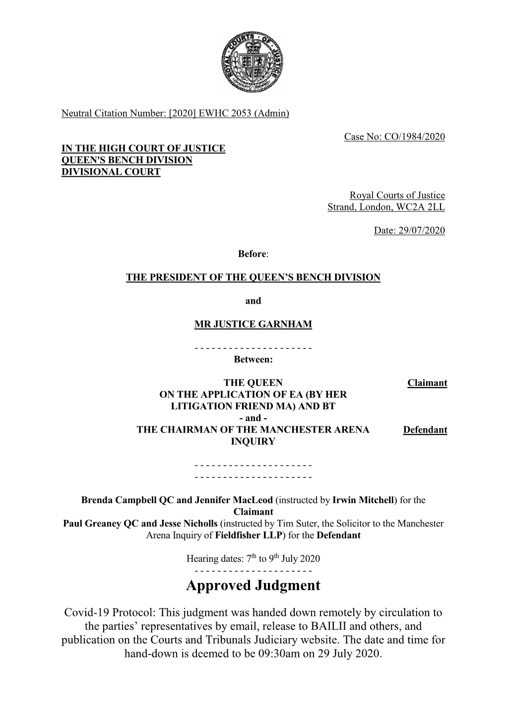 EA BT V Chairman Manchester Arena -Approved Judgment