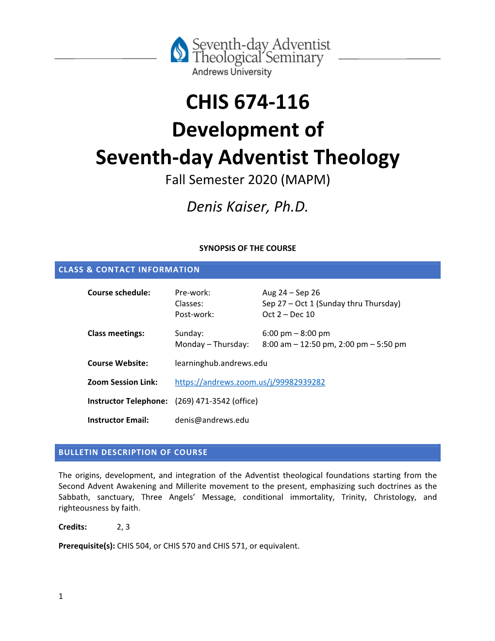 CHIS 674-116 Development of Seventh-Day Adventist Theology