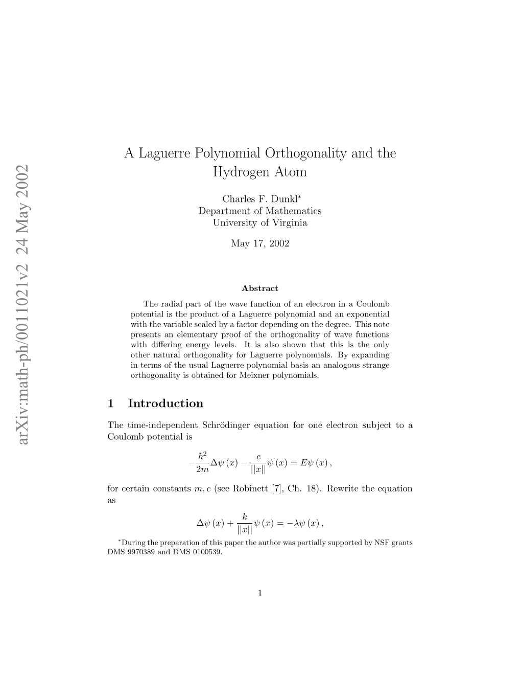 A Laguerre Polynomial Orthogonality and the Hydrogen Atom