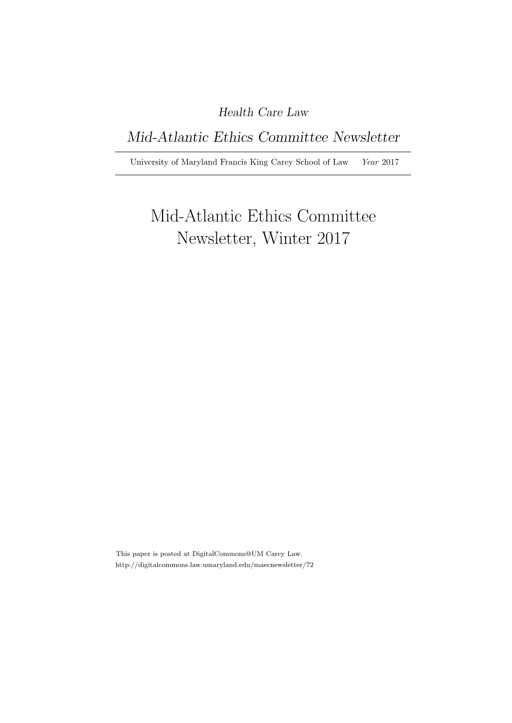 Mid-Atlantic Ethics Committee Newsletter, Winter 2017