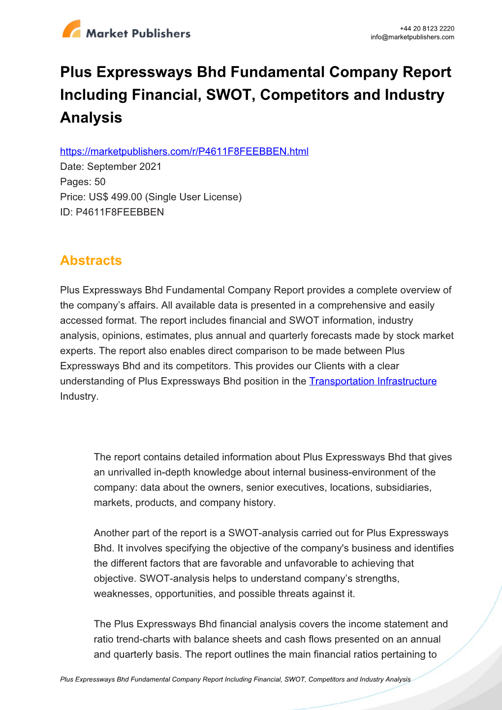 Plus Expressways Bhd Fundamental Company Report Including