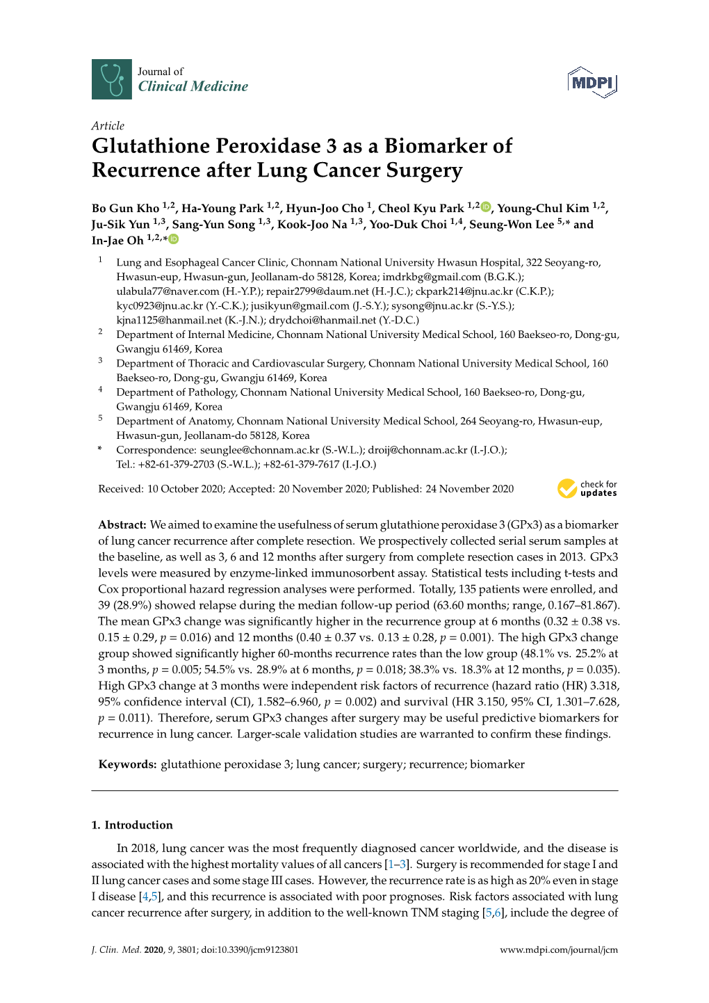 Glutathione Peroxidase 3 As a Biomarker of Recurrence After Lung Cancer Surgery