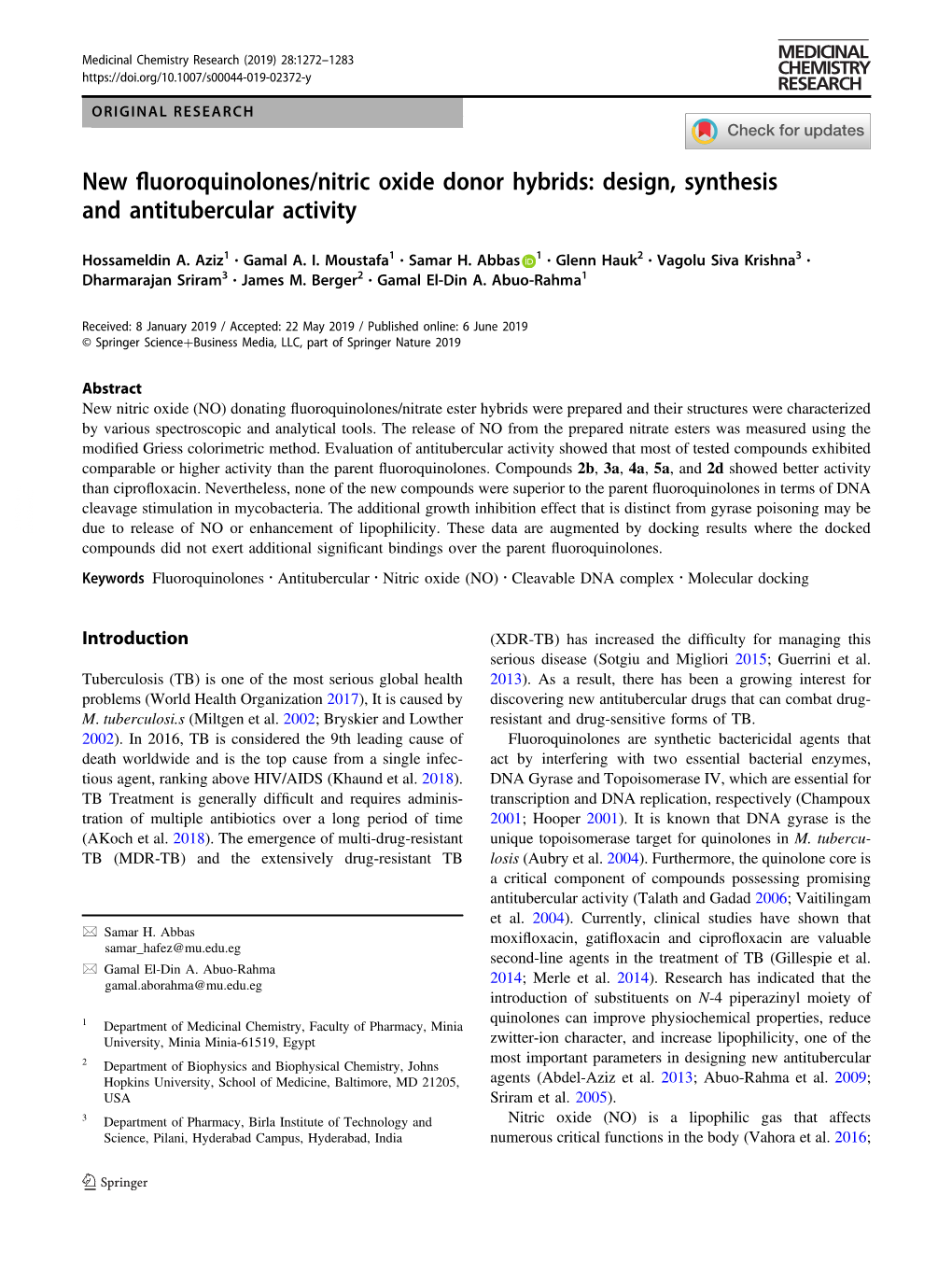 New Fluoroquinolones/Nitric Oxide Donor Hybrids