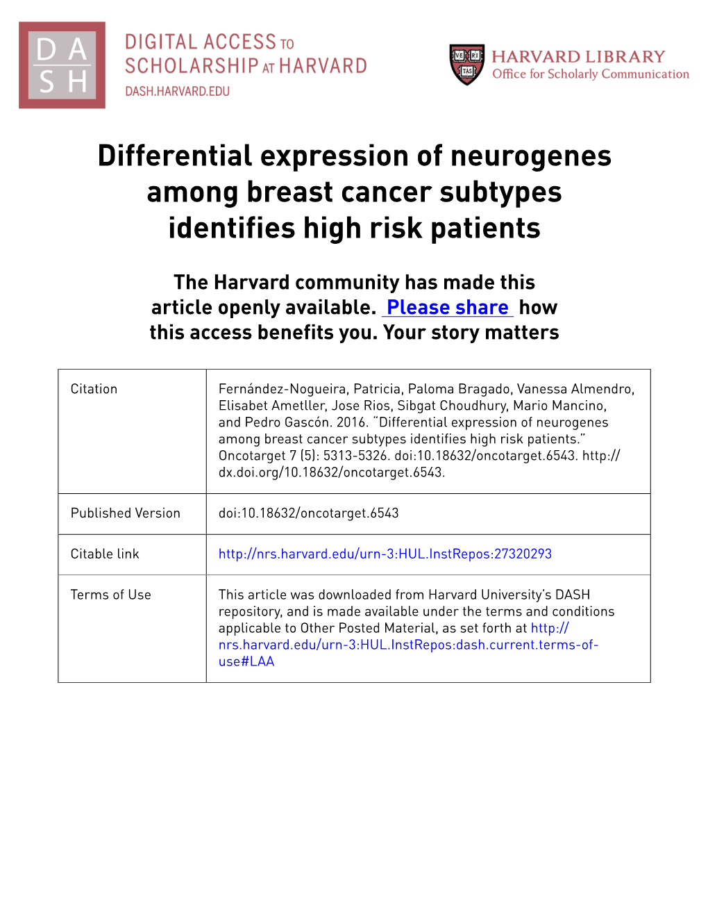 Differential Expression of Neurogenes Among Breast Cancer Subtypes Identifies High Risk Patients