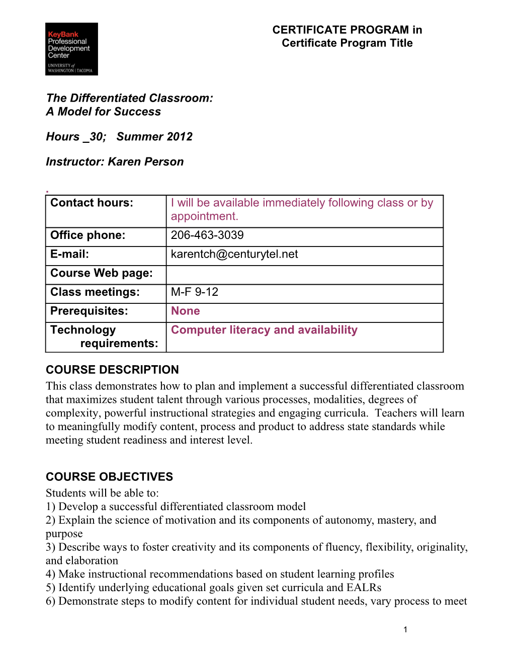 Syllabus Example Classroom Course