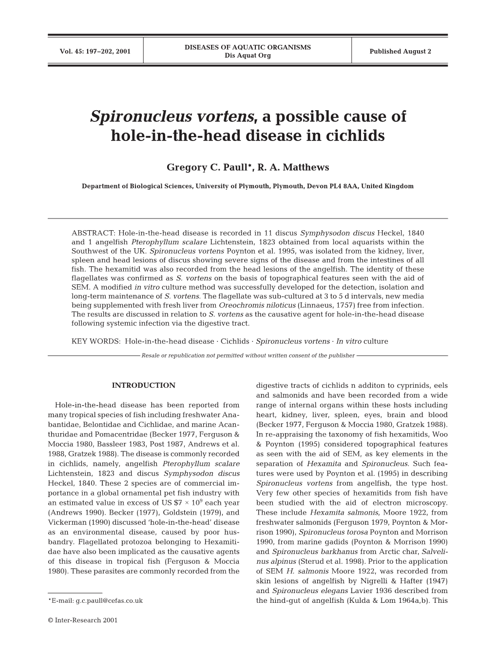 Spironucleus Vortens, a Possible Cause of Hole-In-The-Head Disease in Cichlids