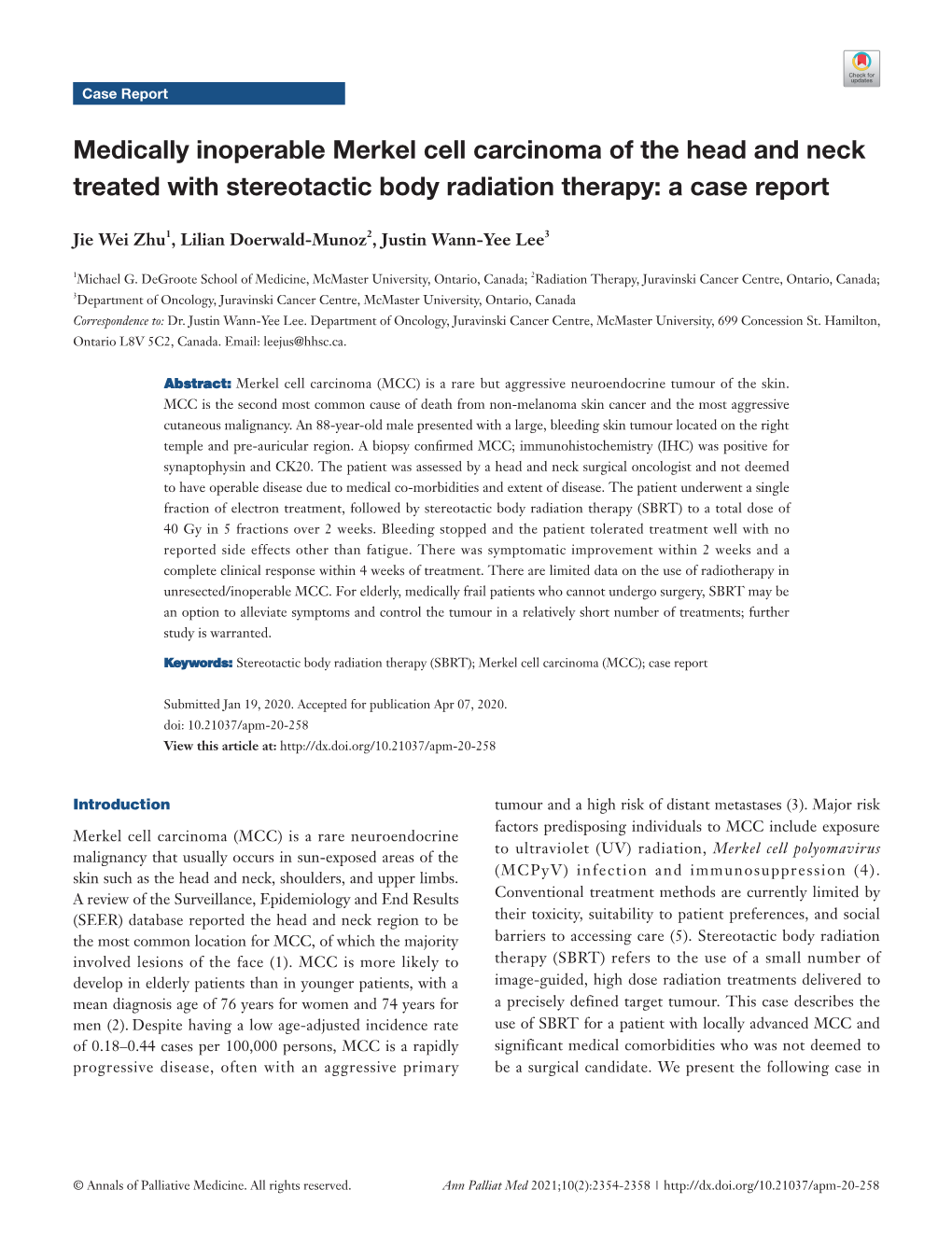 Medically Inoperable Merkel Cell Carcinoma of the Head and Neck Treated with Stereotactic Body Radiation Therapy: a Case Report