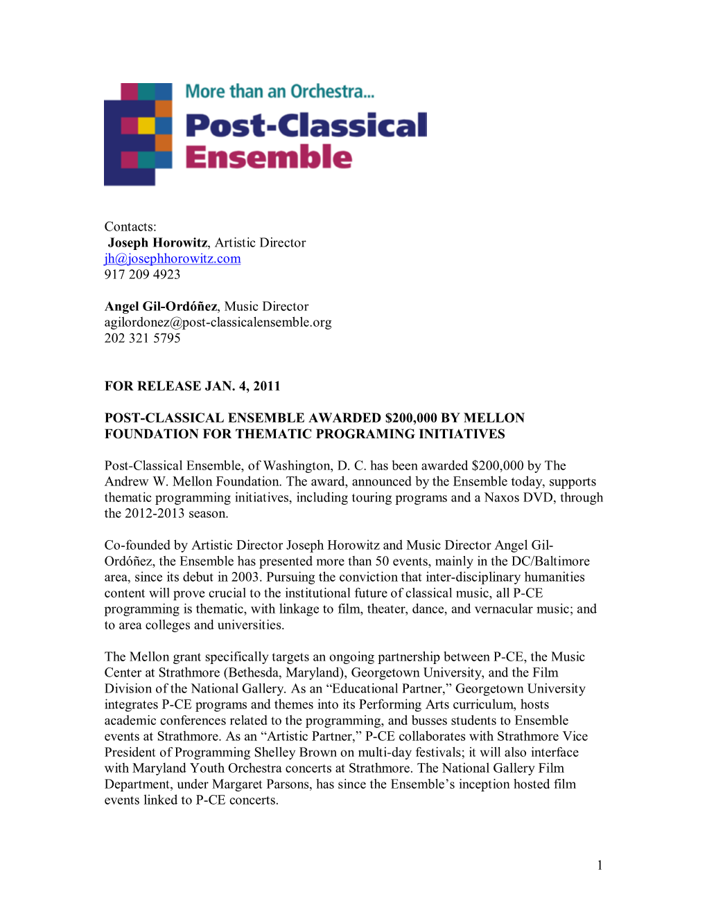 Post-Classical Ensemble Awarded $200,000 by Mellon Foundation for Thematic Programing Initiatives