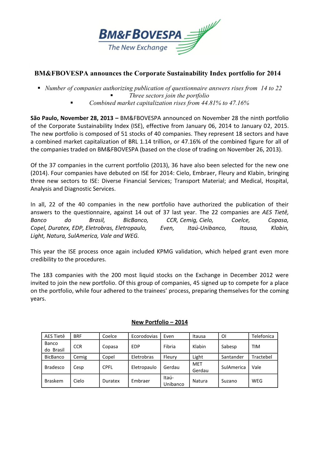 BM&FBOVESPA Announces the Corporate Sustainability Index Portfolio for 2014