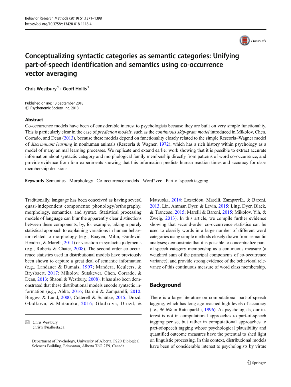 Unifying Part-Of-Speech Identification and Semantics Using Co-Occurrence Vector Averaging