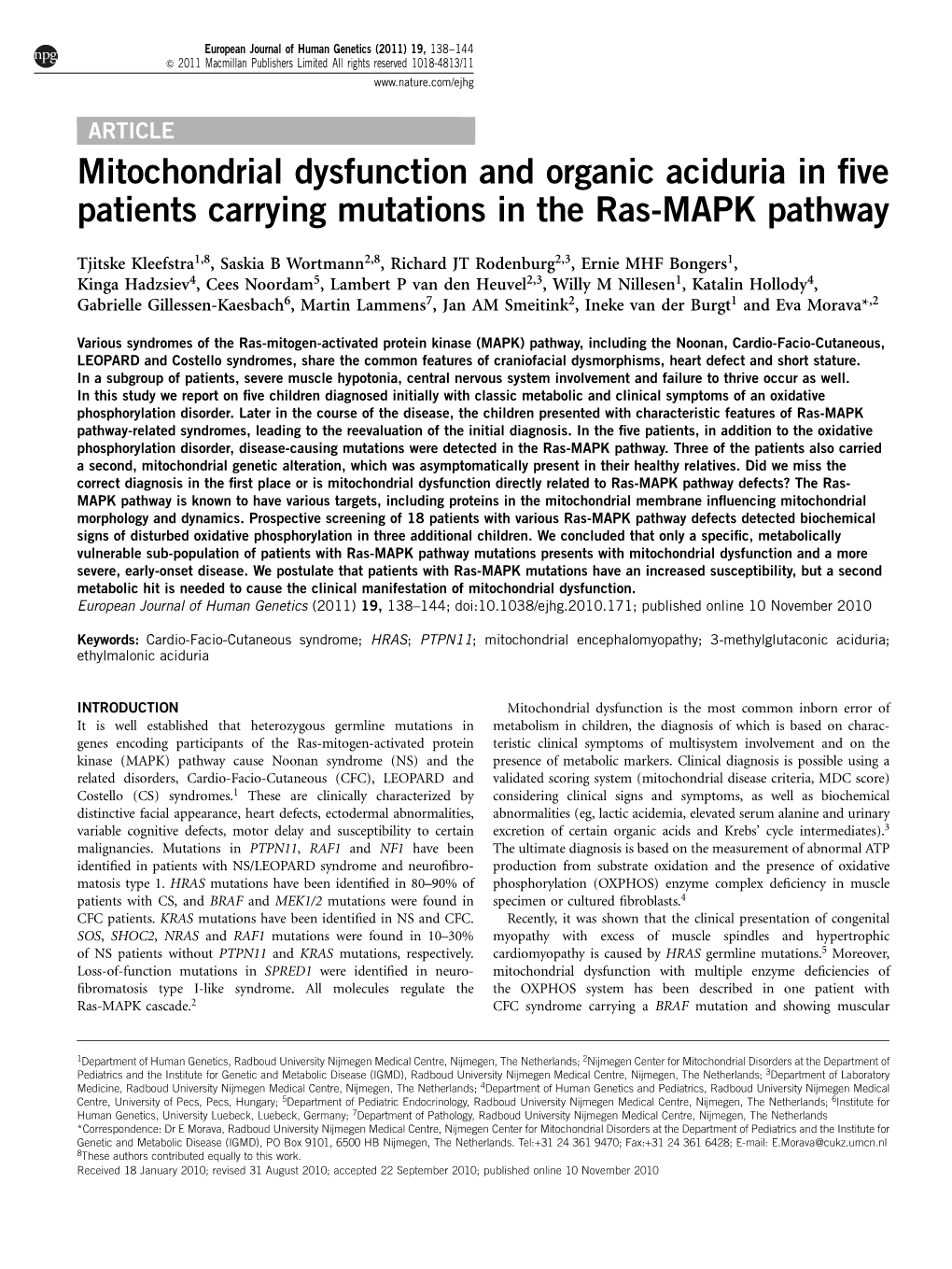 Mitochondrial Dysfunction and Organic Aciduria in Five Patients