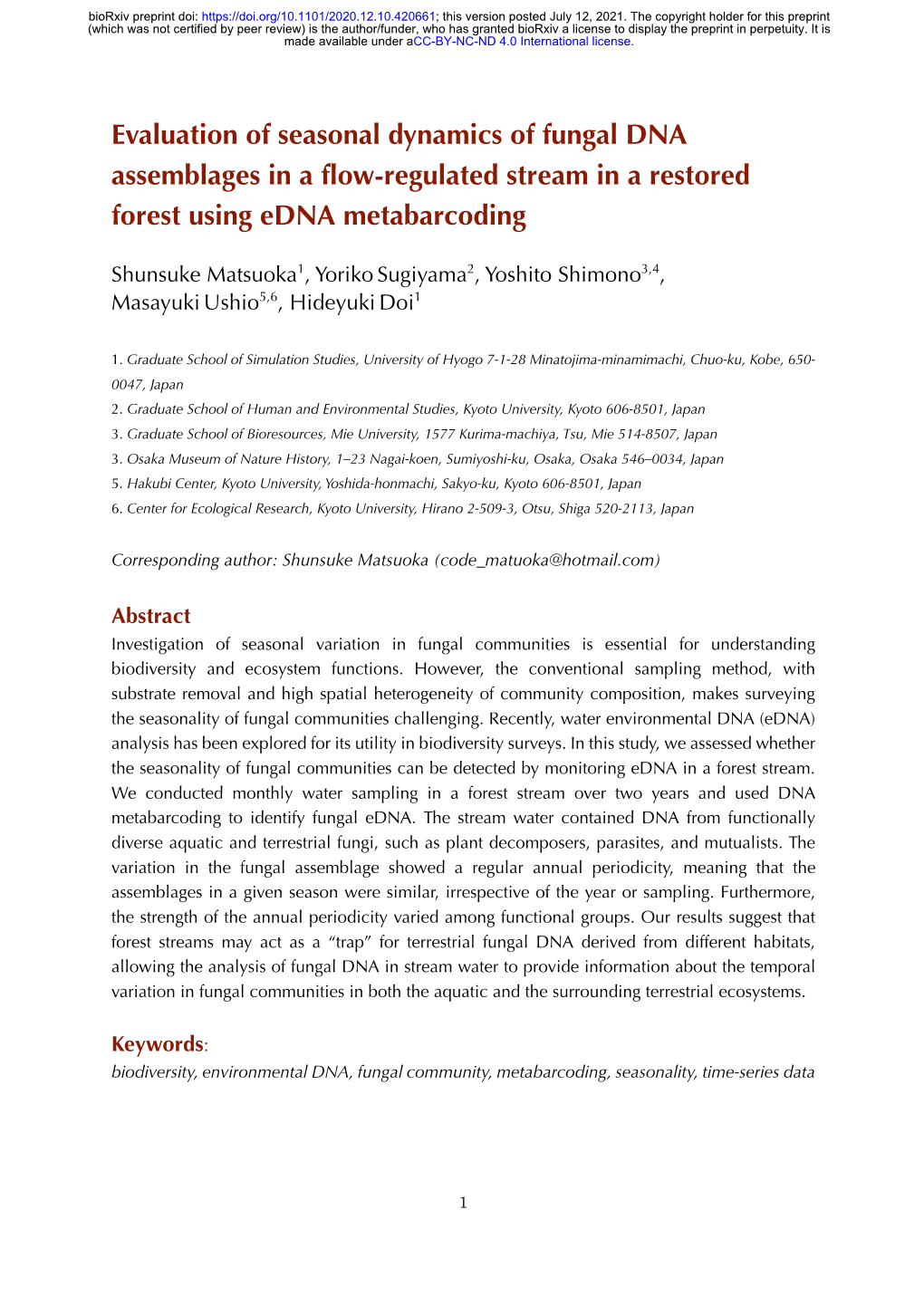 Evaluation of Seasonal Dynamics of Fungal DNA Assemblages in a Flow-Regulated Stream in a Restored Forest Using Edna Metabarcoding