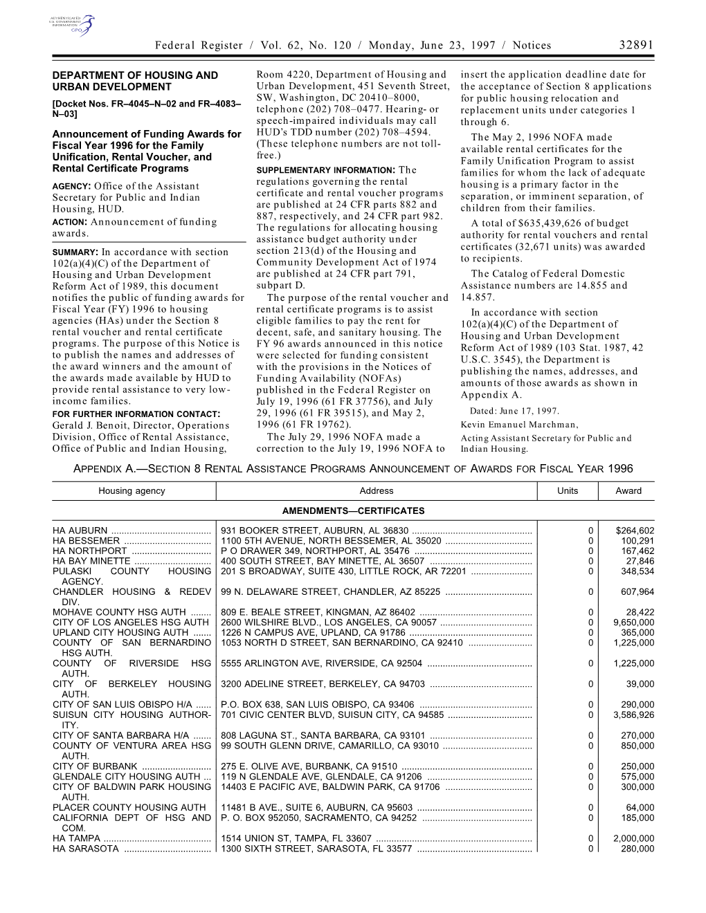 Federal Register / Vol. 62, No. 120 / Monday, June 23, 1997 / Notices 32891