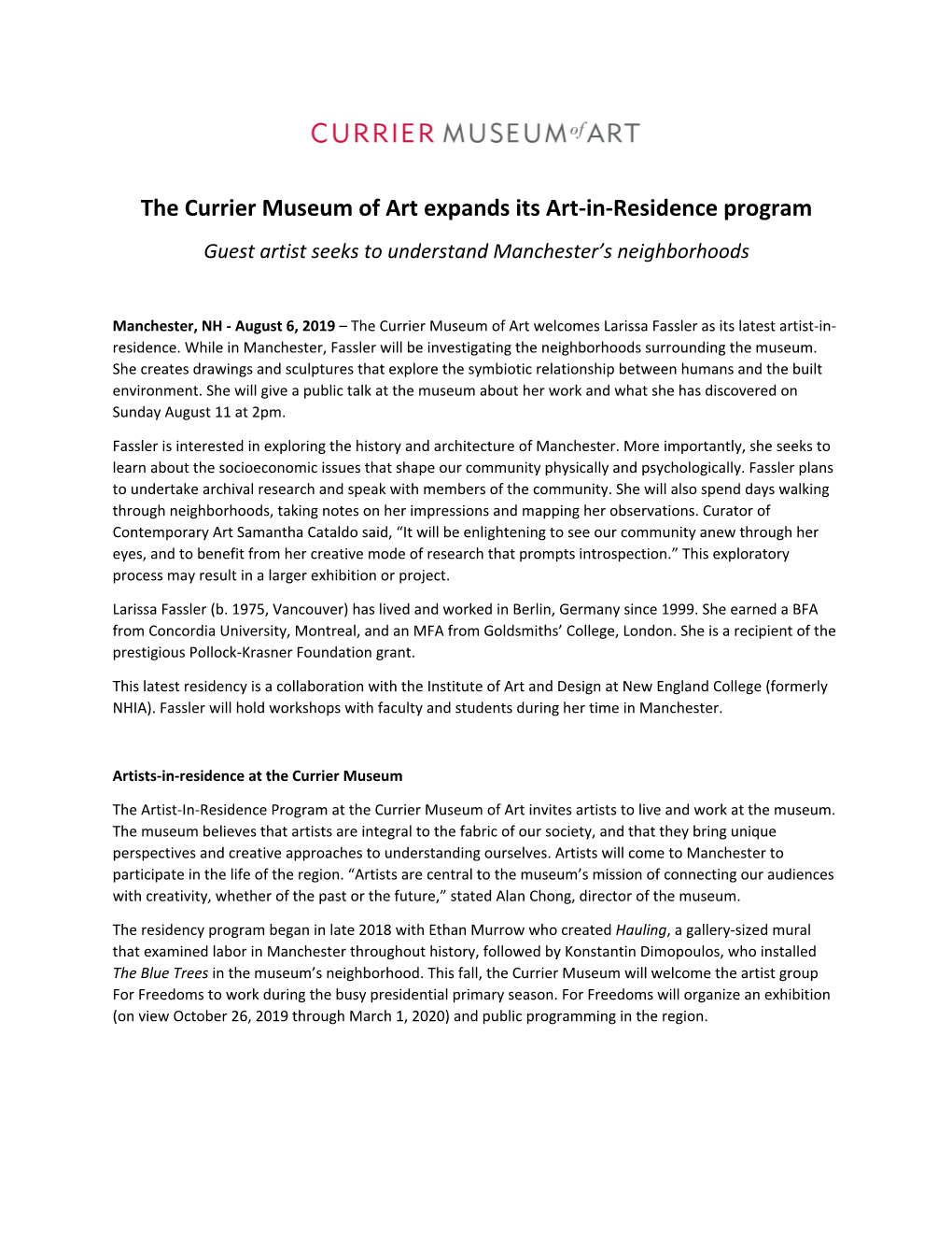 The Currier Museum of Art Expands Its Artist-In-Residence Program