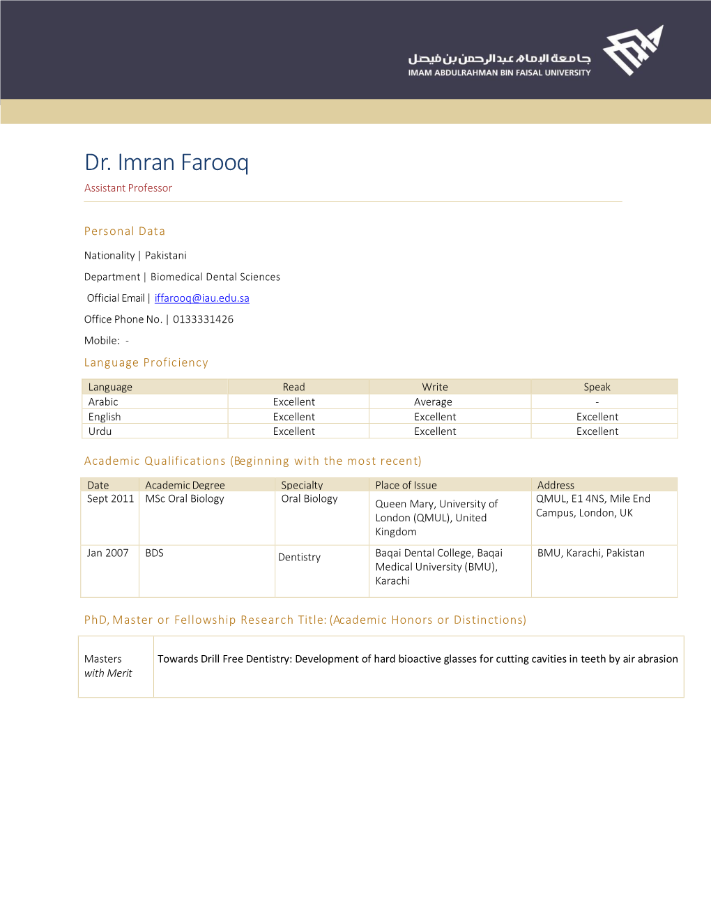 Dr. Imran Farooq's CV
