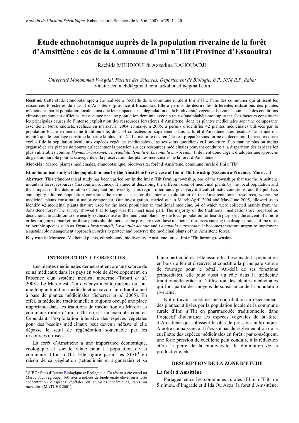 Etude Ethnobotanique Auprès De La Population Riveraine De La Forêt D’Amsittène : Cas De La Commune D’Imi N’Tlit (Province D’Essaouira)