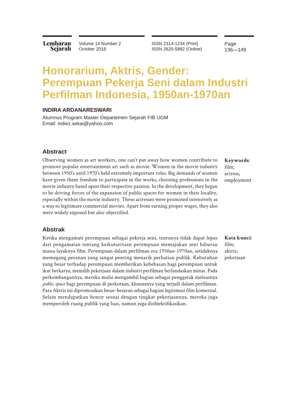 Honorarium, Aktris, Gender: Perempuan Pekerja Seni Dalam Industri Perfilman Indonesia, 1950An-1970An