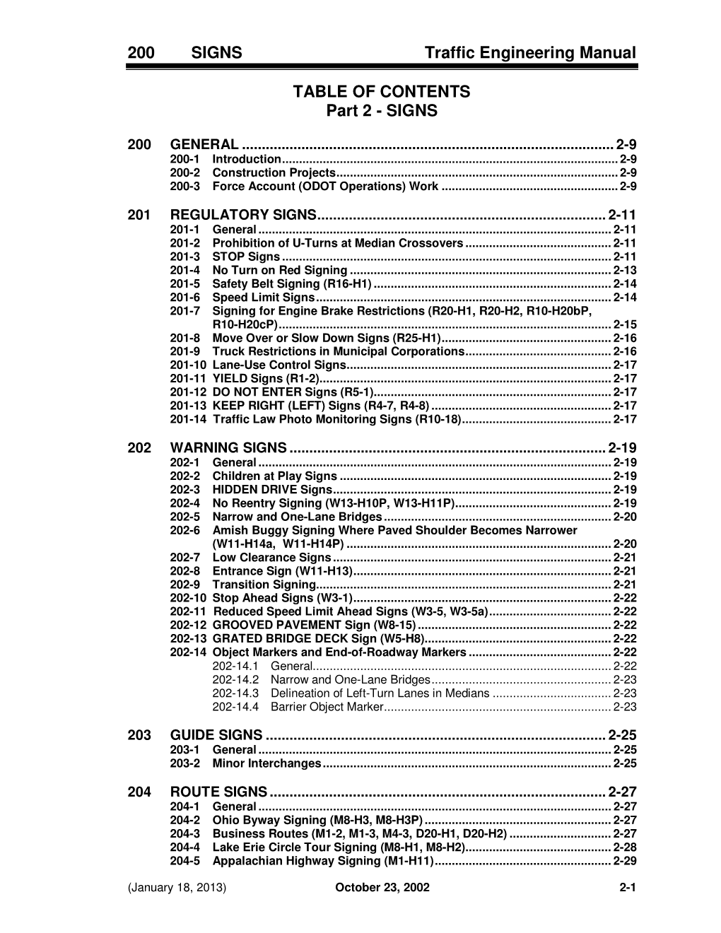 200 SIGNS Traffic Engineering Manual TABLE of CONTENTS Part 2