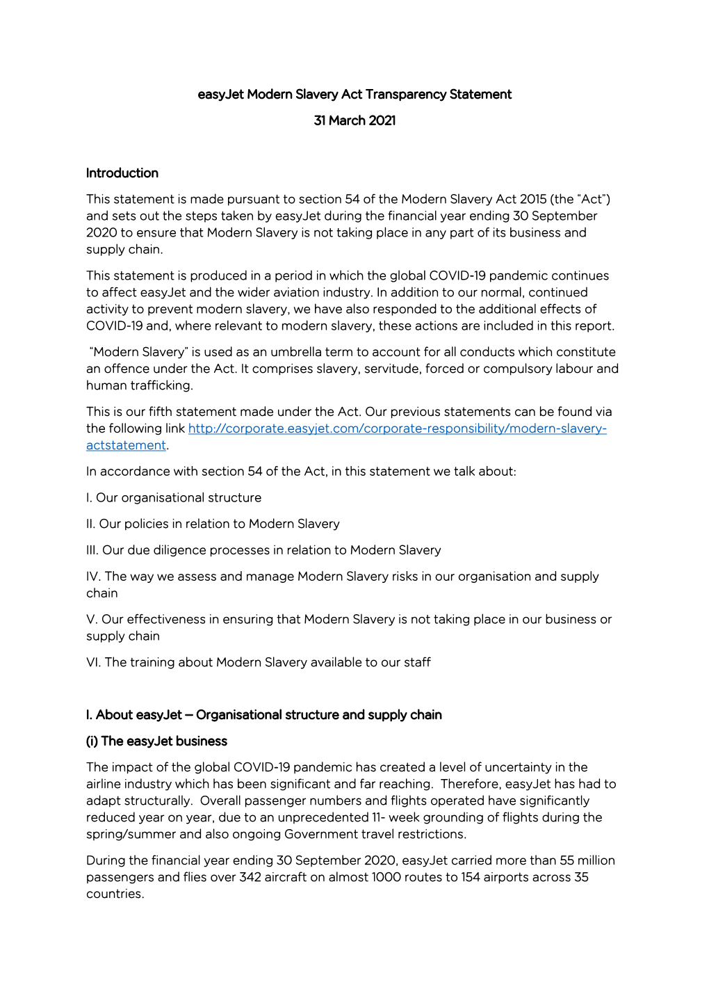 Easyjet Modern Slavery Act Transparency Statement 31 March
