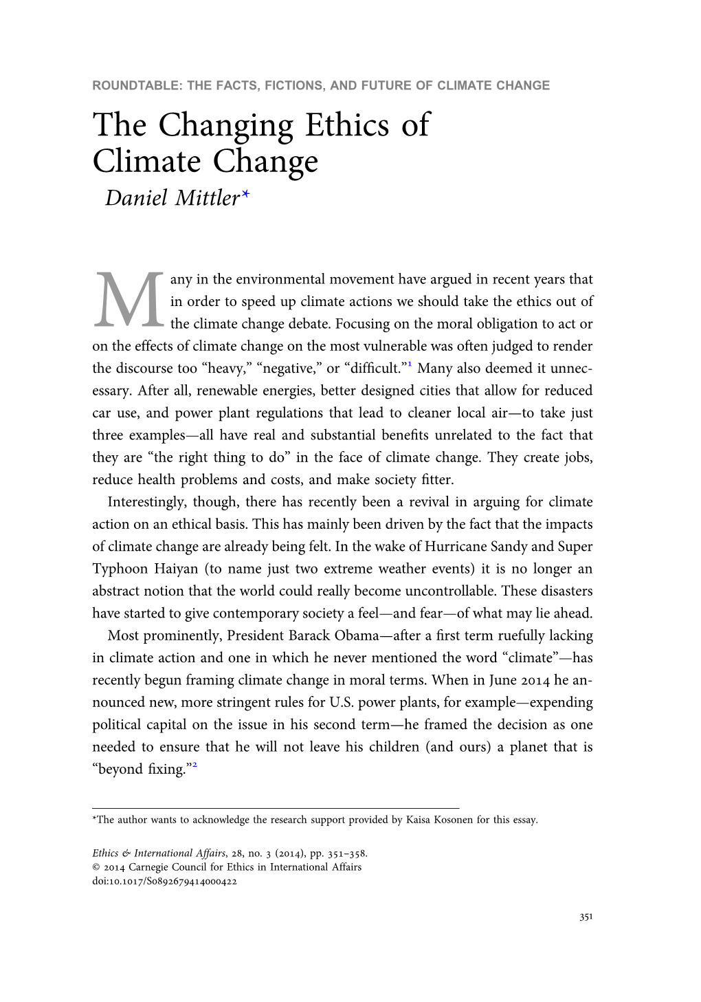 The Changing Ethics of Climate Change Daniel Mittler*