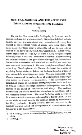 KING PRAJADHIPOK AND. the APPLE CART British Attitudes Towards the 1932 Revolution by Nicholas Tarling