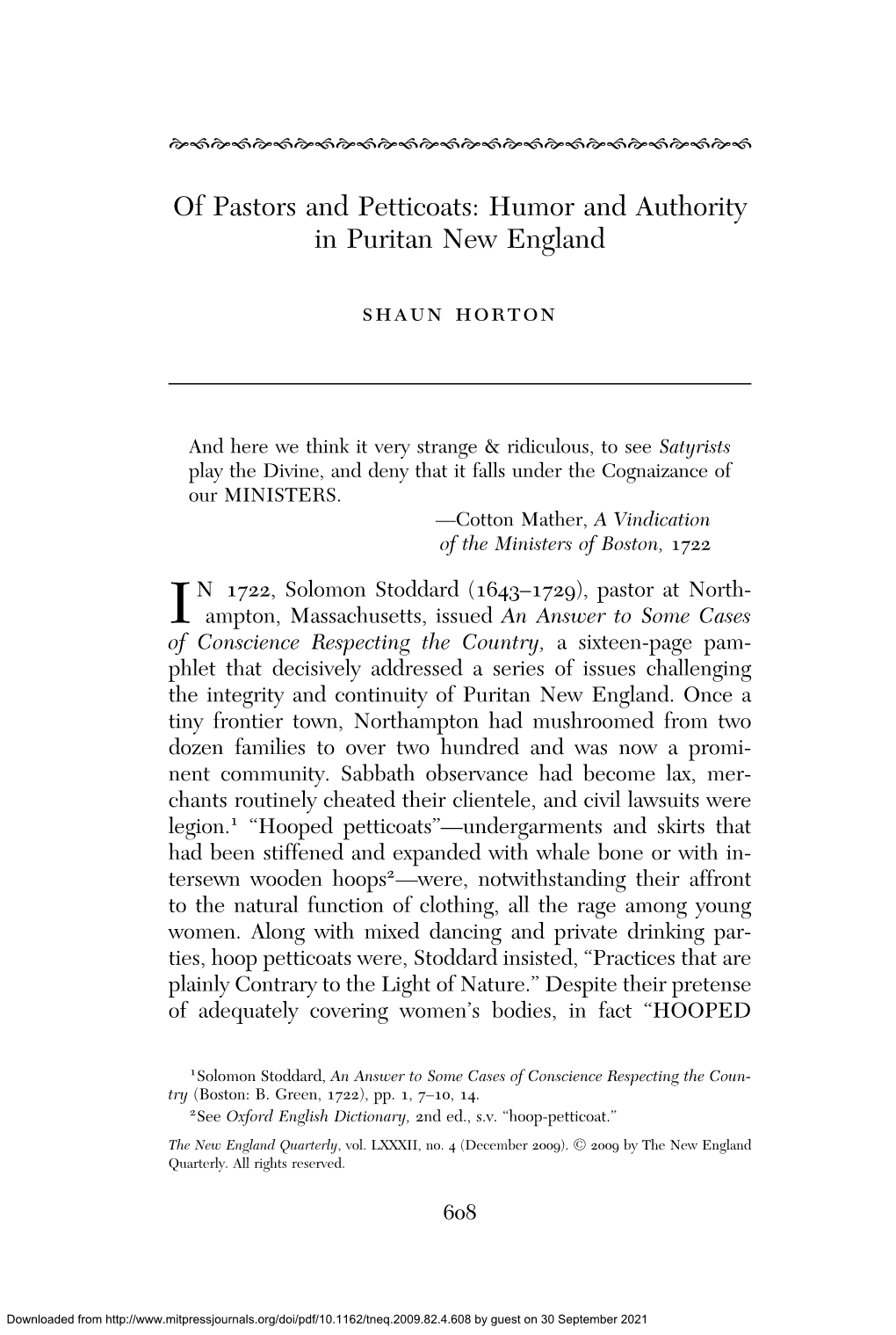 Of Pastors and Petticoats: Humor and Authority in Puritan New England