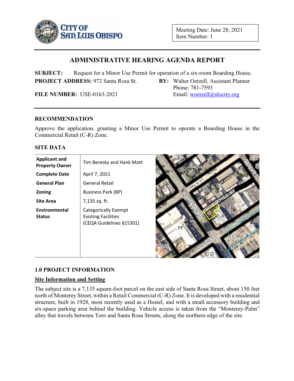 Administrative Hearing Agenda Report
