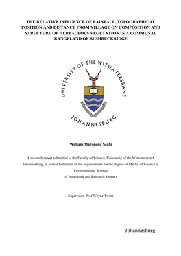 Johannesburg, in Partial Fulfilment of the Requirements for the Degree of Master of Science in Environmental Science (Coursework and Research Report)