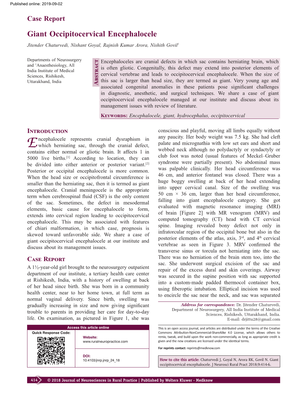 Giant Occipitocervical Encephalocele Jitender Chaturvedi, Nishant Goyal, Rajnish Kumar Arora, Nishith Govil1