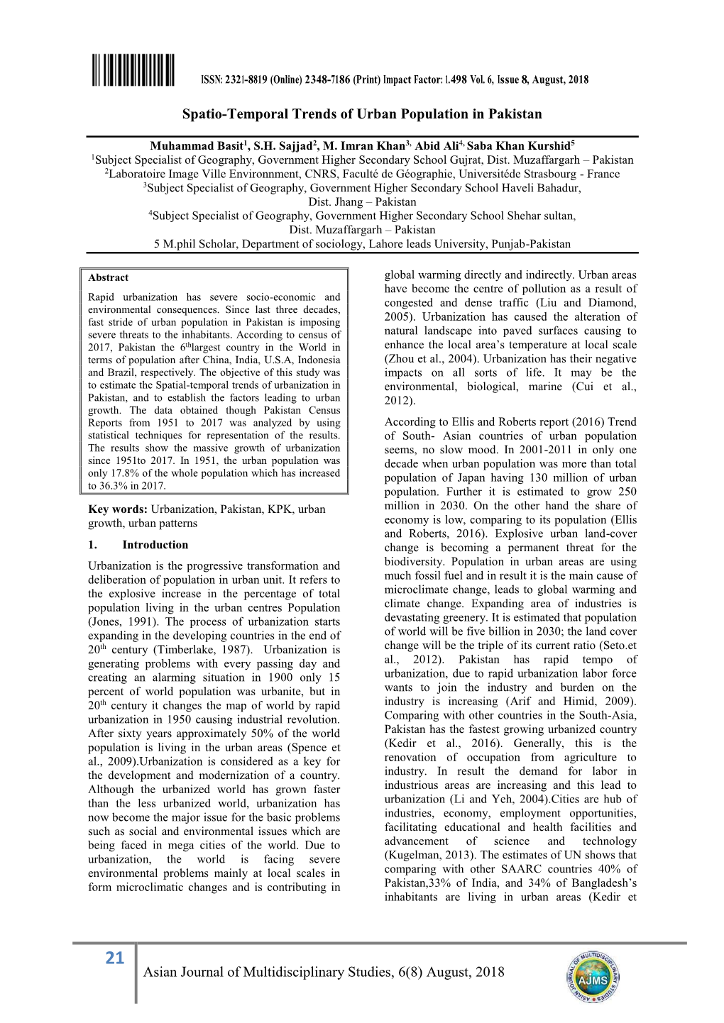 August, 2018 Spatio-Temporal Trends of Urban Population In